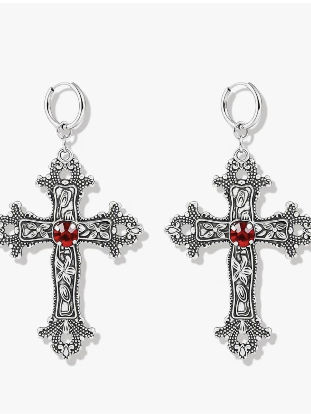 Silver-Tone Cross Drop Earrings with Red Gem Accent
